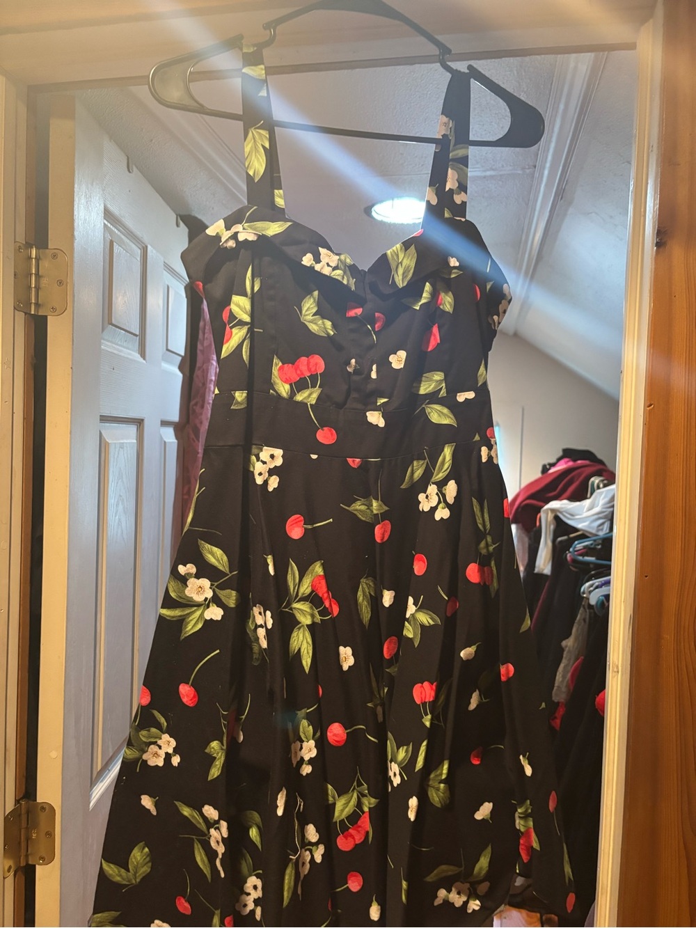 Black Cherry Print Midi Dress with Sweetheart Neckline
